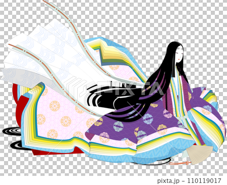 Image illustration of a woman wearing a junihitoe in the style of a Heian emaki Image illustration of a woman wearing a junihitoe in the style of a Heian emaki 110119017