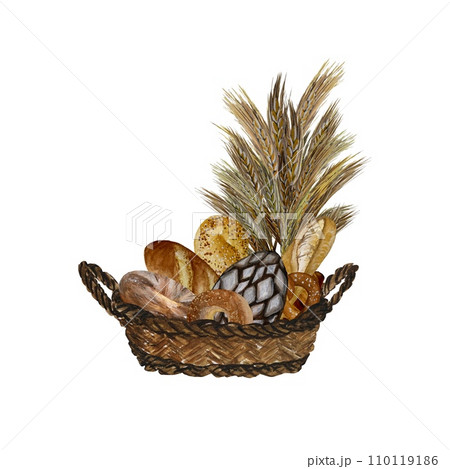 Basket bread set wheat bouquet watercolor sketch 110119186