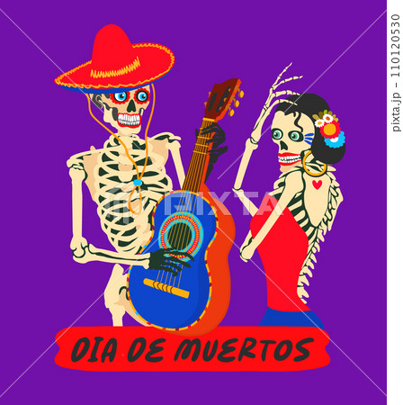 Dia de muertos. Mexican day of the dead. November 2. Vector celebration concept with lettering. Two sceletons dancing and playing guitar. Dia de muertos. Mexican day of the dead. November 2. Vector celebration concept with lettering. Two sceletons dancing and playing guitar. 110120530