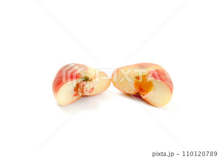 Half of saturn peach or flat peach isolated on white background with clipping path.. 110120789