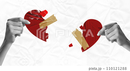 Poster. Contemporary art collage. two hands holding broken heart pieces that taped together. hands gently trying glue broken heart with care. Old paper filter. Poster. Contemporary art collage. two hands holding broken heart pieces that taped together. hands gently trying glue broken heart with care. Old paper filter. 110121288