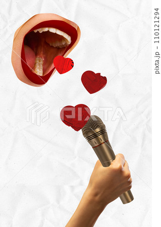 Poster. Contemporary art collage. hand holding microphone near singing romantic songs mouth with red hearts coming out of it. Old paper filter. Poster. Contemporary art collage. hand holding microphone near singing romantic songs mouth with red hearts coming out of it. Old paper filter. 110121294