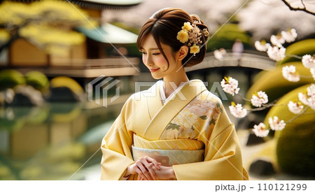 和風庭園を散歩している着物を着た女性 和風庭園を散歩している着物を着た女性 110121299