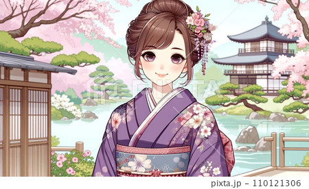 紫色の着物を着た女性（イラスト調） 110121306