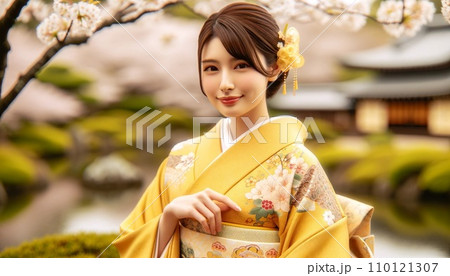 黄色の着物を着た女性 110121307
