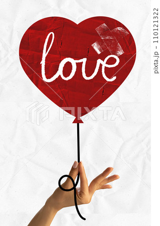 Poster. Contemporary art collage. Hand holding red heart-shaped balloon with word love written on it against white background. Old paper filter. 110121322