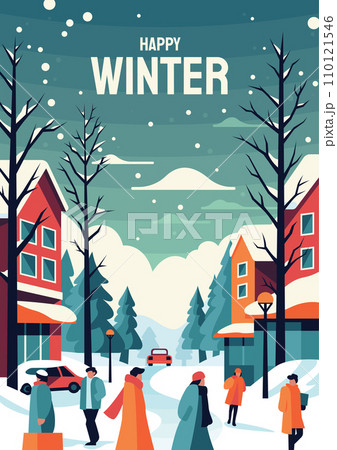 Happy Winter Holidays town banner People in warm clothes walking on the street Vector illustration 110121546