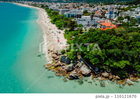 Holiday beach with resort town and turquoise ocean in Brazil. Aerial view 110121670