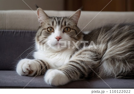 Relaxed Adult Cat Lounging on the Couch: Cozy Feline Vibes. Generative AI. 110122022