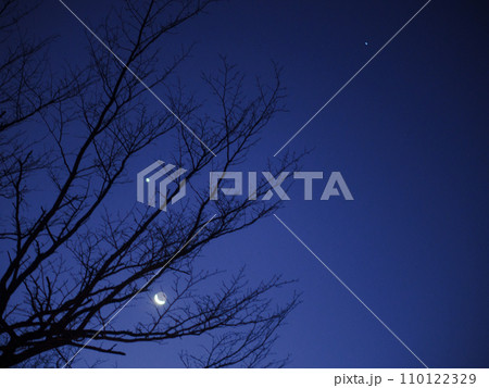 夜のキャンプ場で見上げる星と月 夜のキャンプ場で見上げる星と月 110122329