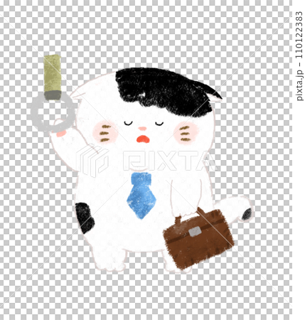 Hand-drawn illustration of an office worker cat commuting by train while sleeping 110122383