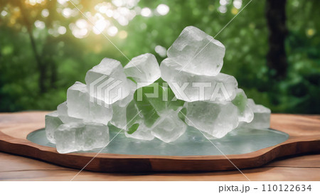Crystal clear alum cubes or Potassium alum on wooden plate AI generate image 110122634