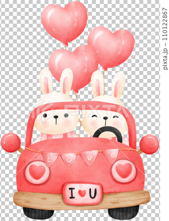 Cute couple rabbit in a car watercolor illustration, valentine's day Cute couple rabbit in a car watercolor illustration, valentine's day 110122867