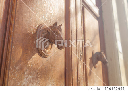 Fragment of brown old wooden door with metal door handles horse head shaped. Florence, Italy. Fragment of brown old wooden door with metal door handles horse head shaped. Florence, Italy. 110122941