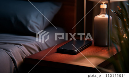 AI-generated content. adapter for smartphone charging on table near the bed in hotel. Smartphone charging by the bed AI-generated content. adapter for smartphone charging on table near the bed in hotel. Smartphone charging by the bed 110123014