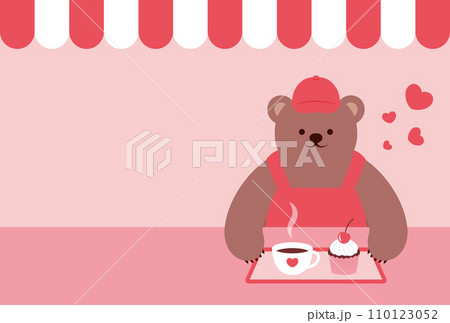コーヒーとカップケーキのセットとくまのカフェ店員の背景イラスト 110123052