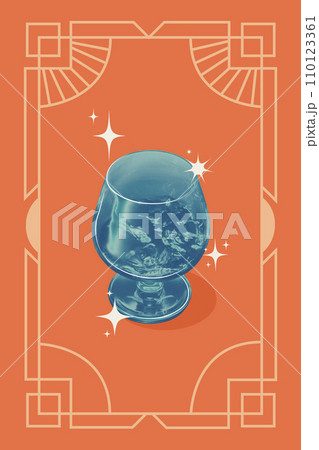 Poster. Contemporary art collage. Creative retro artwork. Hard alcohol in glass in retro color filter against orange background. Poster. Contemporary art collage. Creative retro artwork. Hard alcohol in glass in retro color filter against orange background. 110123361