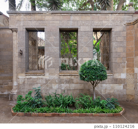 Palm trees rises alongside a weathered aged stone wall, with three wrought iron windows in a rustic garden 110124216