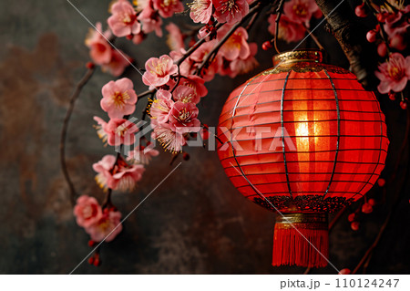 Celebrate Chinese new year decorated with illuminate red lantern and plum flower,Chinese new year background. Generative AI Celebrate Chinese new year decorated with illuminate red lantern and plum flower,Chinese new year background. Generative AI 110124247