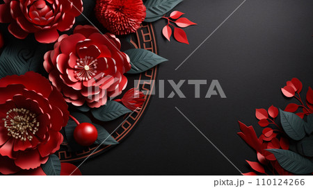Paper craft red peony flowers on black background, Chinese new year or Lunar new year concept, oriental background. Generative AI 110124266