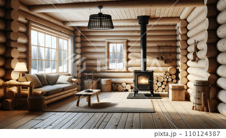 薪ストーブのある部屋　インテリア　ログハウス 110124387