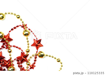 Holiday background Christmas garland Red and gold decoration on white background 110125335