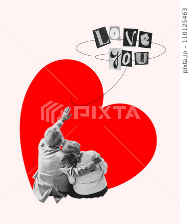 Senior couple sitting, hugging and remembering memories about their love and relationship. Creative art collage. Valentine's day Senior couple sitting, hugging and remembering memories about their love and relationship. Creative art collage. Valentine's day 110125463