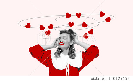 Elegant beautiful young woman smiling, feeling happiness, standing around red hearts. Creative art collage. Valentine's day 110125555