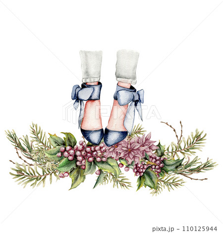 Watercolor fashion legs on high heels illustration. Fashion and style, clothing and accessories. Footwear. Perfect for greetings cards, invitation, poster, party decoration. 110125944