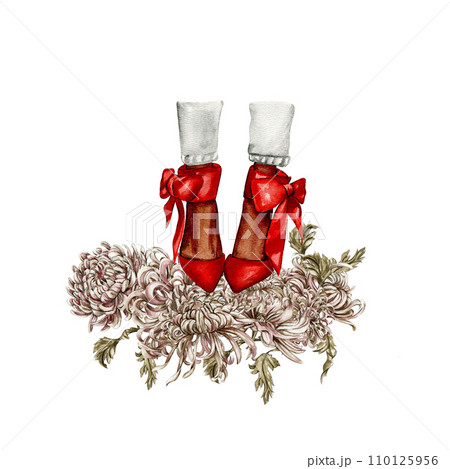 Watercolor fashion legs on high heels illustration. Fashion and style, clothing and accessories. Footwear. Perfect for greetings cards, invitation, poster, party decoration. Watercolor fashion legs on high heels illustration. Fashion and style, clothing and accessories. Footwear. Perfect for greetings cards, invitation, poster, party decoration. 110125956