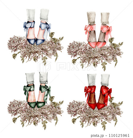 Watercolor fashion legs on high heels illustration. Fashion and style, clothing and accessories. Footwear. Perfect for greetings cards, invitation, poster, party decoration. 110125961