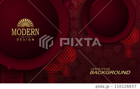 Chinese New Year, red illustration with round frame and red lanterns 110126657