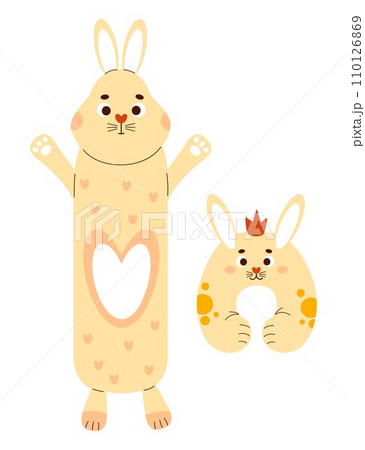 Large rabbit plush toy and neck pillow bunny. Soft large anti-stress cuddly oversized pillow toy for sleeping and playing. Isolated vector illustrations in flat style. Large rabbit plush toy and neck pillow bunny. Soft large anti-stress cuddly oversized pillow toy for sleeping and playing. Isolated vector illustrations in flat style. 110126869