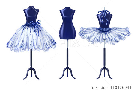 A set of blue dresses for ballerinas and princesses. A costume outfit worn on mannequin. A theatrical backstage, atelier, clothing store, outfit for fashion show and masquerade. Digital illustration 110126941