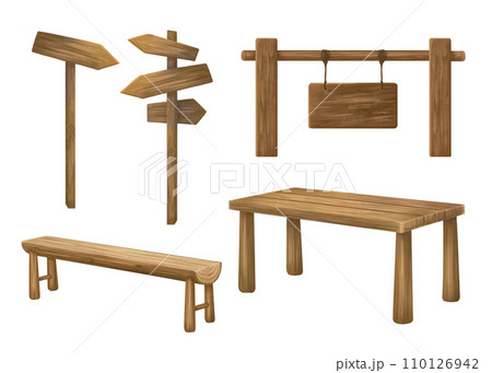 Wooden picnic table, benches for outdoor recreation. Family holidays and travel. A signpost with directional arrows. Signs for camping, nature parks, forests, hiking trails. Isolated illustration 110126942