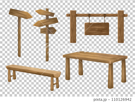 Wooden picnic table, benches for outdoor recreation. Family holidays and travel. A signpost with directional arrows. Signs for camping, nature parks, forests, hiking trails. Isolated illustration 110126942