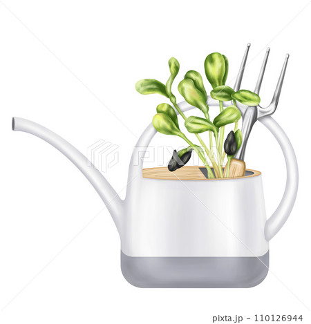 A composition of a garden watering can, a rake loosening the earth and green shoots. A tool for florists, farmers, gardeners. Equipment for watering flowers, plants, and seeds. Isolated illustration 110126944