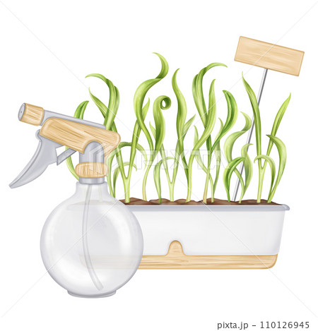 A garden composition of young spinach leaves and a sprayer for watering. Green onions, fresh sprouts in a garden pot. Healthy vegetables grown at home. Organic food products. Isolated illustration 110126945