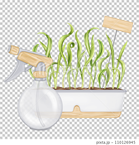 A garden composition of young spinach leaves and a sprayer for watering. Green onions, fresh sprouts in a garden pot. Healthy vegetables grown at home. Organic food products. Isolated illustration 110126945