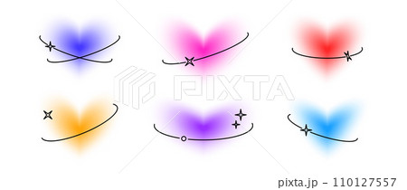 Y2k hearts with eclipse line elements set. Colorful blurry aura shape collection. Blurred smooth gradient with oval orbits for logo, template, badge, sticker, collage, icon. Vector sparkle heart pack Y2k hearts with eclipse line elements set. Colorful blurry aura shape collection. Blurred smooth gradient with oval orbits for logo, template, badge, sticker, collage, icon. Vector sparkle heart pack 110127557