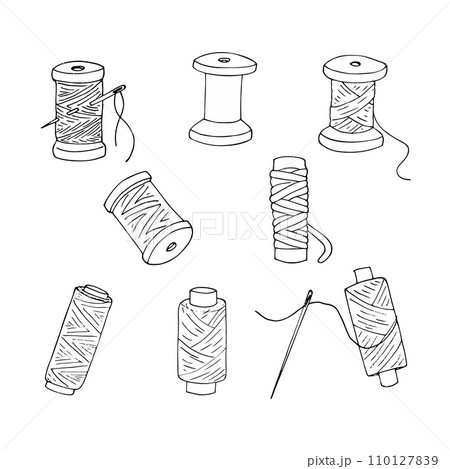 Spool of Thread and Sewing Needle set. Hand-drawn vector illustration isolated on a white background. 110127839