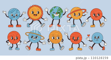 Set cute cartoon groovy planets in retro style 60s 70s. Earth Day and save planet concept. Flat vector illustration 110128159