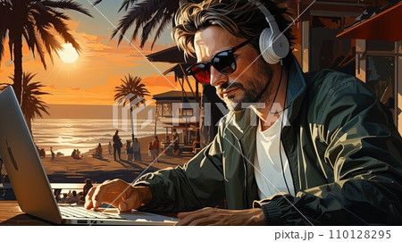 Morning Magic Elevating Remote Work with Amazing Beach Views and Productivity 110128295