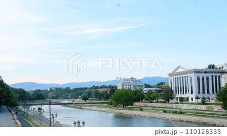 North Macedonia. Real life in the city autumn spring summer warm season. capital of Macedonia Skopje city attractions buildings in the center of travel walk museums statues. 110128335