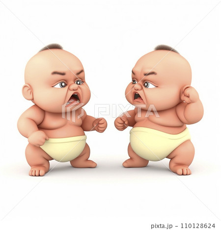 Two newborn babies fight like sumo wrestlers, funny cute cartoon 3d illustration on white background, creative avatar Two newborn babies fight like sumo wrestlers, funny cute cartoon 3d illustration on white background, creative avatar 110128624