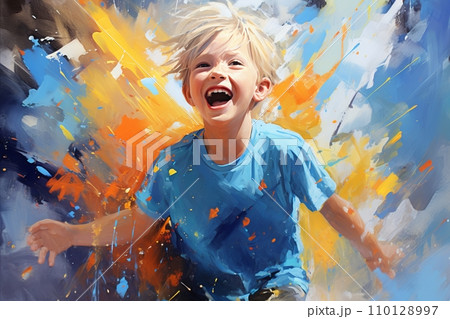 Vibrant and Joyful Illustration of a Happy Kid with a Big Smile Engaging in Playful Activities Vibrant and Joyful Illustration of a Happy Kid with a Big Smile Engaging in Playful Activities 110128997
