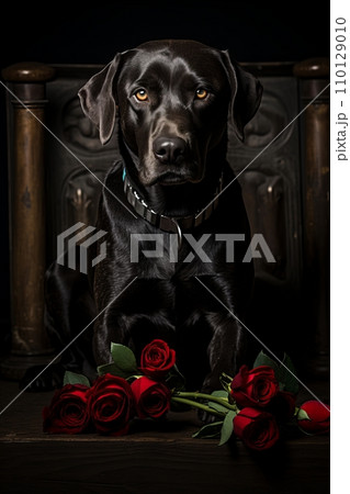 Vertical. Portrait of Majestic Black Pedigree Dog Amongst Stunning Red Roses. Vertical. Portrait of Majestic Black Pedigree Dog Amongst Stunning Red Roses. 110129010