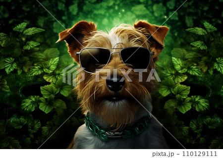 Lucky Canine Fashion. Green Glasses-Wearing Dog Delights in St. Patricks Day Festivities Lucky Canine Fashion. Green Glasses-Wearing Dog Delights in St. Patricks Day Festivities 110129111