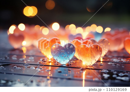Colorful Heart Shapes on Light Colored Background with Soft Glow, Love and Romance Concept 110129169