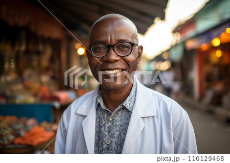 Happy African American Man in Stylish White Coat and Glasses Smiling Happy African American Man in Stylish White Coat and Glasses Smiling 110129468